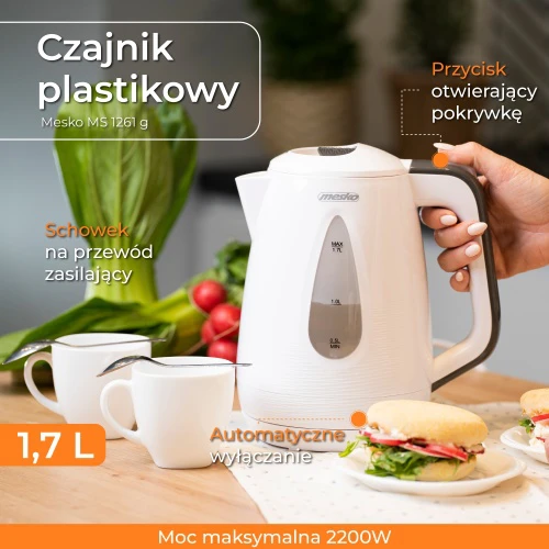 Mesko | Virdulys | MS 1261g | Electric | 2200 W | 1.7 L | Polypropylene | 360° rotational base | Pilkas