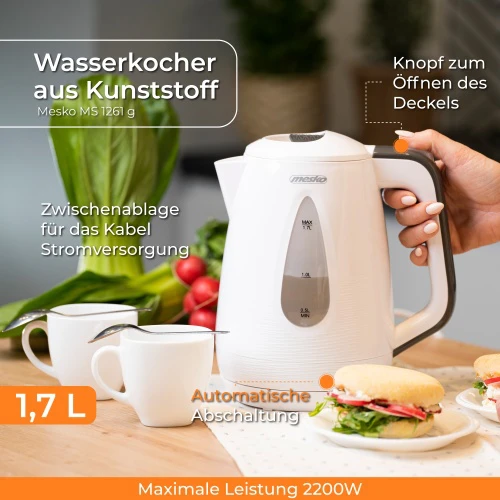 Mesko | Virdulys | MS 1261g | Electric | 2200 W | 1.7 L | Polypropylene | 360° rotational base | Pilkas
