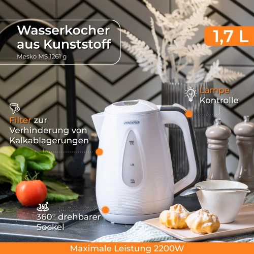 Mesko | Virdulys | MS 1261g | Electric | 2200 W | 1.7 L | Polypropylene | 360° rotational base | Pilkas