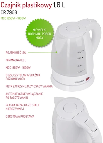 Mesko | Virdulys | MS 1276 | Standard | 1600 W | 1 L | Plastic | 360° rotational base | Baltas