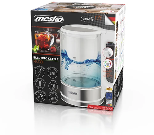 Mesko | Virdulys | MS 1301w | Electric | 1850 W | 1.7 L | Glass | 360° rotational base | Baltas