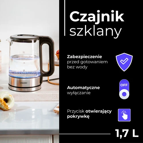 Mesko | Virdulys | MS 1301b | Electric | 1850 W | 1.7 L | Glass | 360° rotational base | Juodas