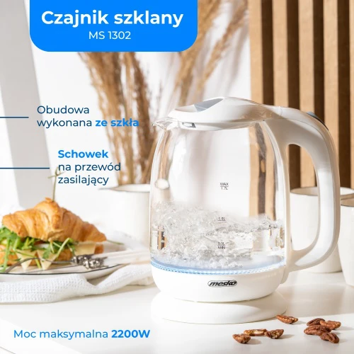 Mesko | Virdulys | MS 1302w | Elektrinis | 2200 W | 1,7 l | Stiklas | 360° sukamasis pagrindas | Baltas
