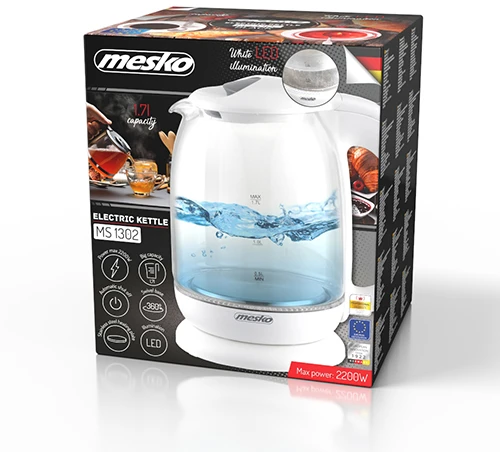 Mesko | Virdulys | MS 1302w | Elektrinis | 2200 W | 1,7 l | Stiklas | 360° sukamasis pagrindas | Baltas
