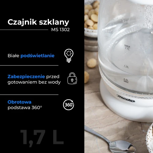 Mesko | Virdulys | MS 1302w | Elektrinis | 2200 W | 1,7 l | Stiklas | 360° sukamasis pagrindas | Baltas