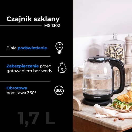 Mesko | Virdulys | MS 1302b | Electric | 2200 W | 1.7 L | Glass | 360° rotational base | Juodas