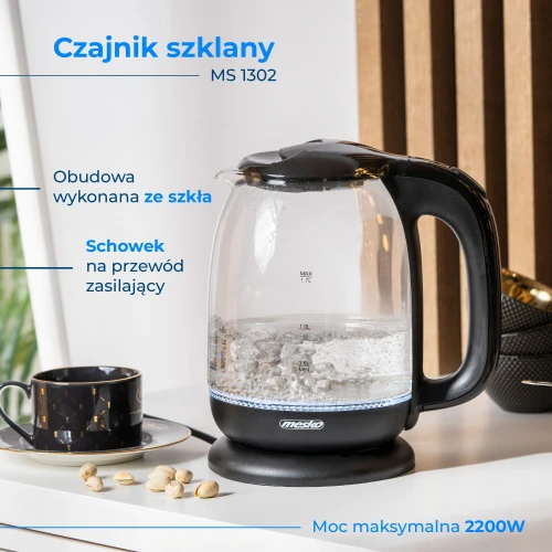 Mesko | Virdulys | MS 1302b | Electric | 2200 W | 1.7 L | Glass | 360° rotational base | Juodas