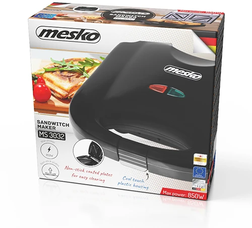 Sumuštinių keptuvas Mesko sumuštinių keptuvė MS 3032 Juodas, 750 W, lėkščių skaičius 1, sumuštinių skaičius 2 sumuštiniai / 4 trikampiai sumuštiniai