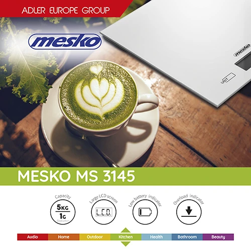 Virtuvinės svarstyklės Mesko | Virtuvės svarstyklės | MS 3145 | Maksimalus svoris (talpa) 5kg | Graduacija 1 g | Ekrano tipo LCD | Sidabrinis