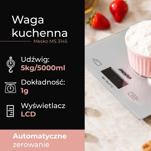 Virtuvinės svarstyklės Mesko | Virtuvės svarstyklės | MS 3145 | Maksimalus svoris (talpa) 5kg | Graduacija 1 g | Ekrano tipo LCD | Sidabrinis