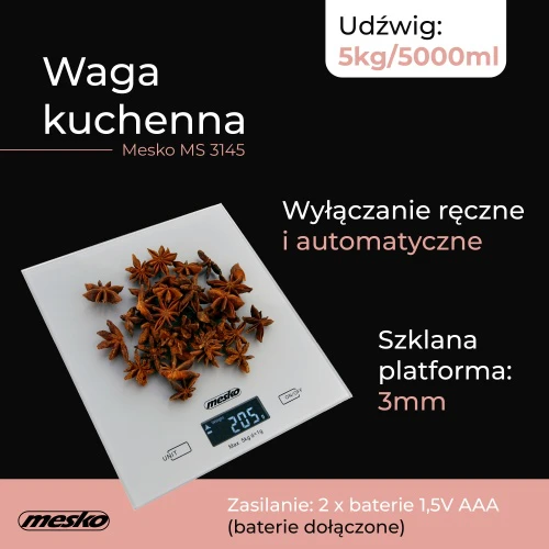 Virtuvinės svarstyklės Mesko | Virtuvės svarstyklės | MS 3145 | Maksimalus svoris (talpa) 5kg | Graduacija 1 g | Ekrano tipo LCD | Sidabrinis