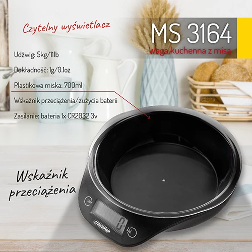 Adler Mesko | Virtuvinės svarstyklės with a bowl | MS 3164 | Maximum weight (capacity) 5kg | Graduation 1 g | Ekranas type LCD | Juodas