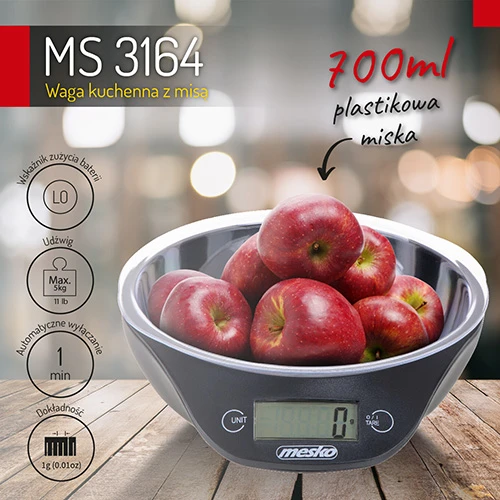 Adler Mesko | Virtuvinės svarstyklės with a bowl | MS 3164 | Maximum weight (capacity) 5kg | Graduation 1 g | Ekranas type LCD | Juodas