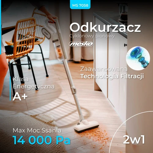 Mesko Adler | Vertikalus cikloninis dulkių siurblys | MS 7058 | Virvelinis veikiantis | 400 W | 220-240 V | Veikimo spindulys 8,35 m | Baltas