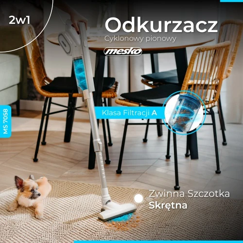 Mesko Adler | Vertikalus cikloninis dulkių siurblys | MS 7058 | Virvelinis veikiantis | 400 W | 220-240 V | Veikimo spindulys 8,35 m | Baltas