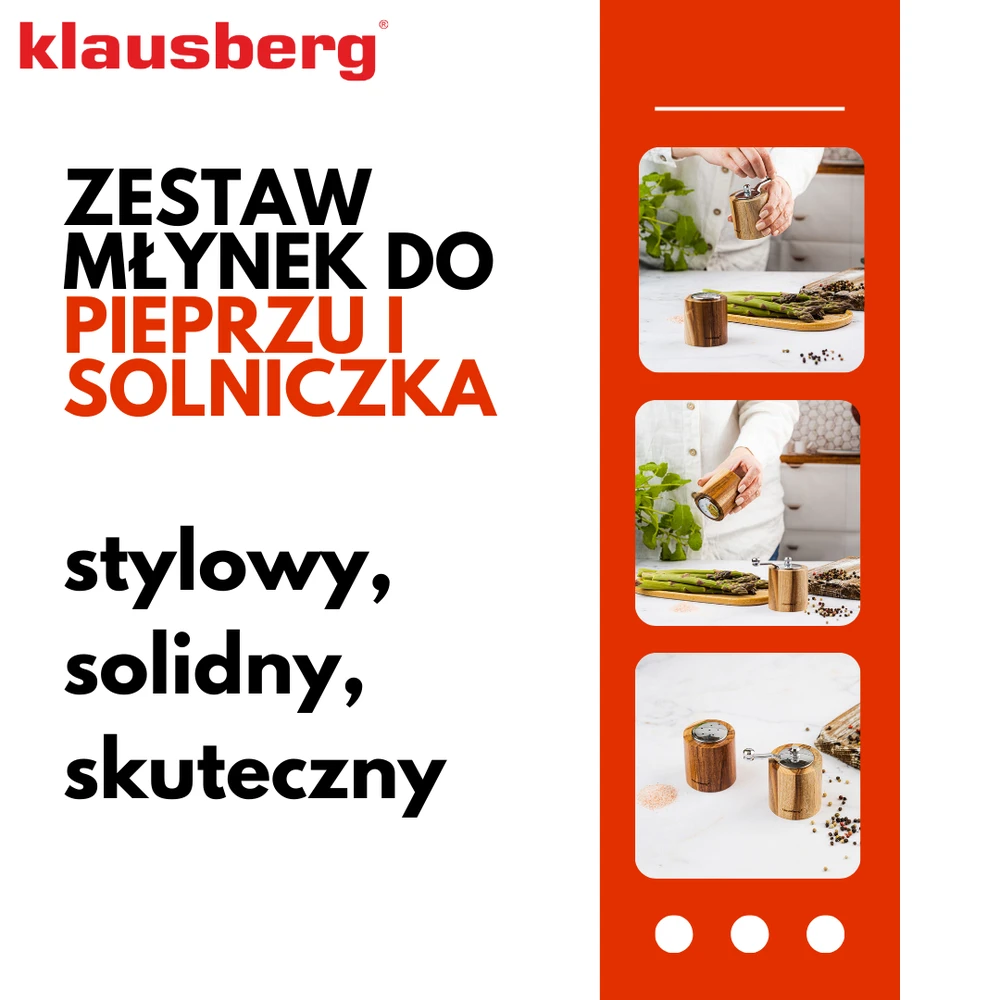 Młynek Pipirų malūnėlis su druskine - rinkinys, akacijos mediena, keraminis mechanizmas, Klausberg, kb-7859