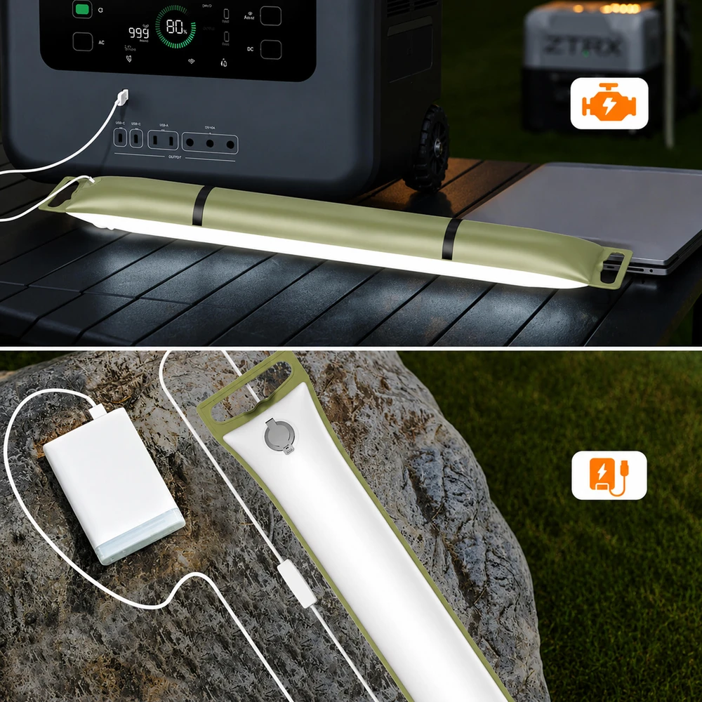 Nadmuchiwana Pripučiama LED stovyklavimo lempa žygiams ir stovyklavimui su USB, 90x12 cm, 500 lm