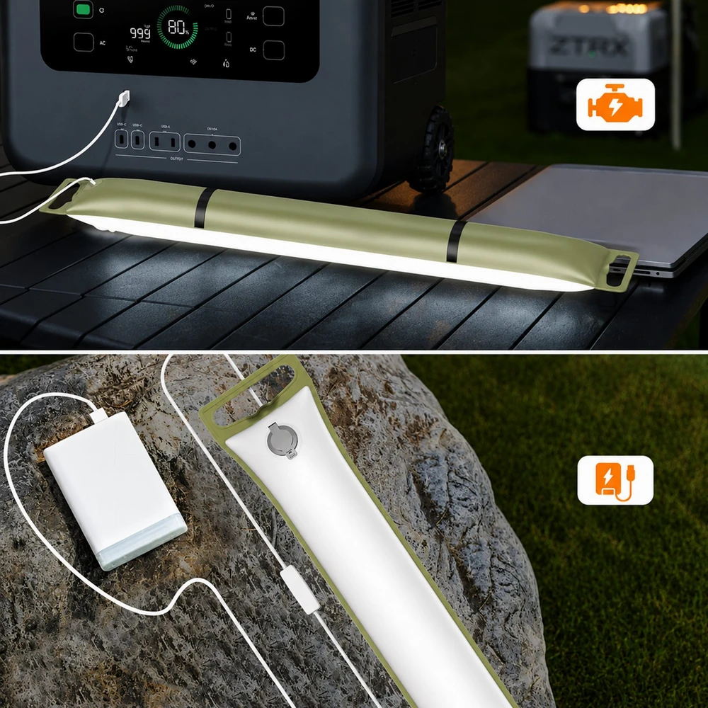Nadmuchiwana Pripučiama LED stovyklavimo lempa žygiams ir stovyklavimui su USB, 90x12 cm, 500 lm