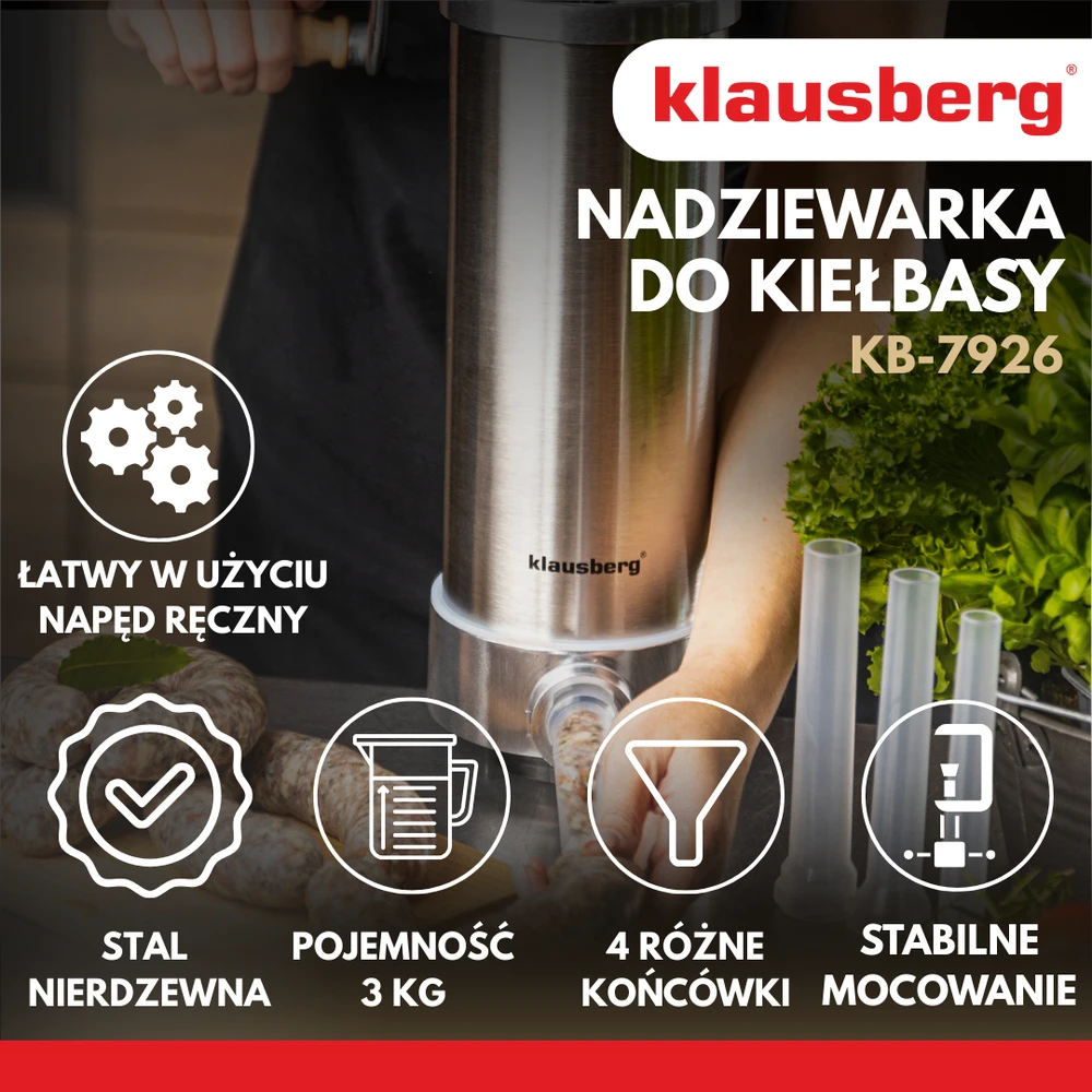 Mėsmalė Nadziewarka Dešrų kimštuvas, 3kg talpos, vertikalus, nerūdijančio plieno, Klausberg, kb-7926