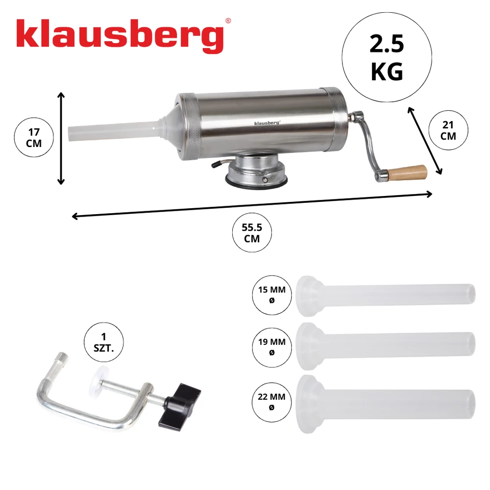 Nadziewarka Dešrų kimštuvas, talpa 2,5kg, horizontalus, nerūdijančio plieno, Klausberg, kb-7925