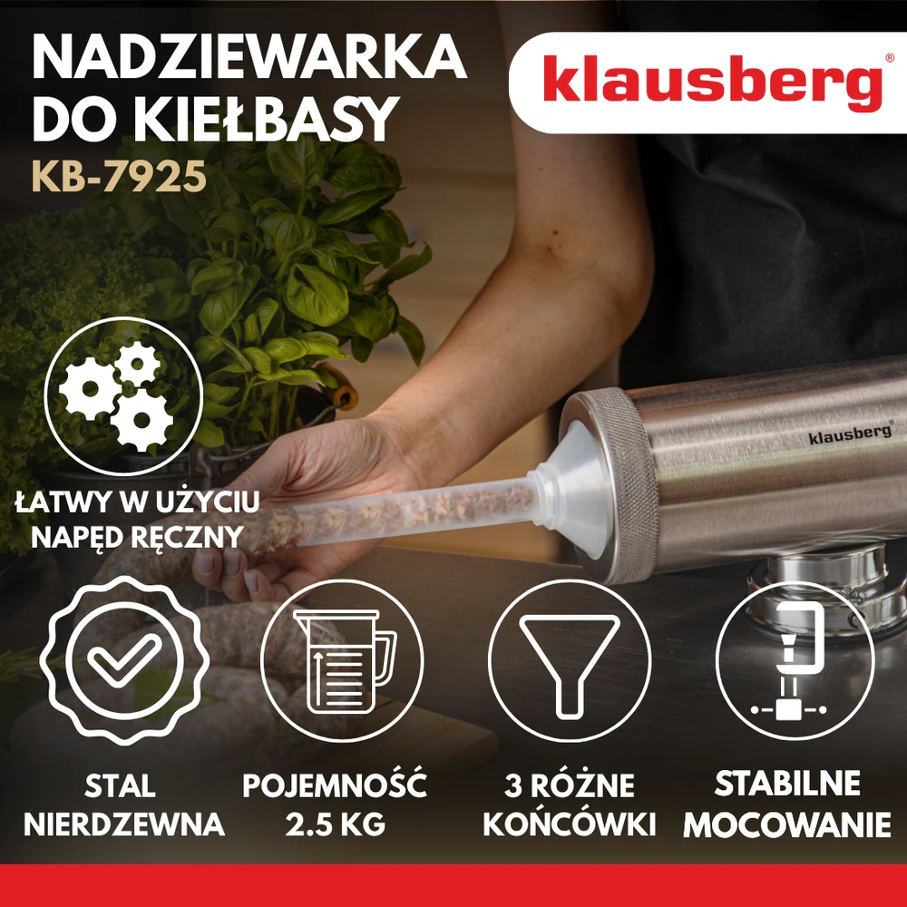 Nadziewarka Dešrų kimštuvas, talpa 2,5kg, horizontalus, nerūdijančio plieno, Klausberg, kb-7925