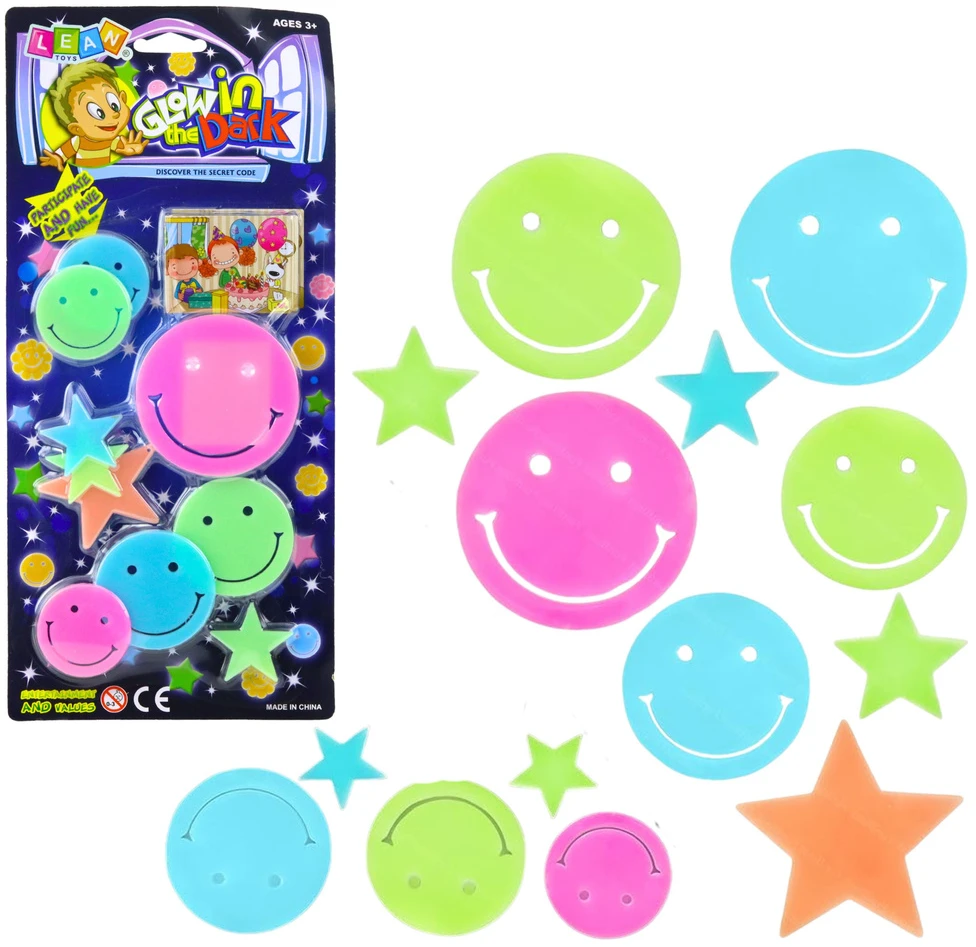 Lean Toys Šviečiantys sienų lipdukai vaikams – veidukai ir žvaigždės, 10 vnt.