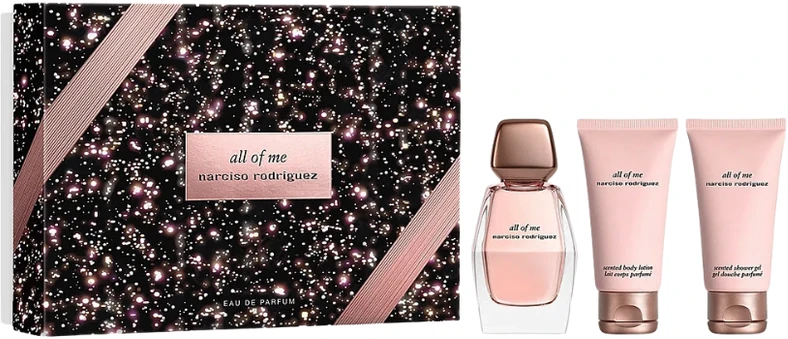 Rinkinys Narciso Rodriguez: „All Of Me“ moteriškas kvapusis vanduo, 50 ml + „All Of Me“ drėkinamasis losjonas kūnui, 50 ml + „All Of Me“ valomasis dušo želė visam kūnui, visiems odos tipams, 50 ml