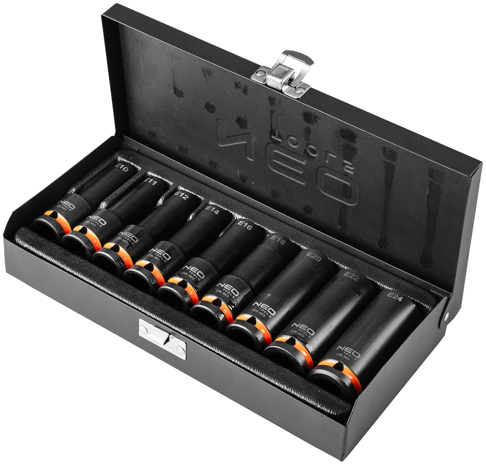 Neo Tools Smūginiai Torx antgaliai, 1/2", 9 dalių rinkinys, E10-E24, CrMo