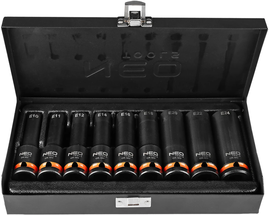 Neo Tools Smūginiai Torx antgaliai, 1/2", 9 dalių rinkinys, E10-E24, CrMo