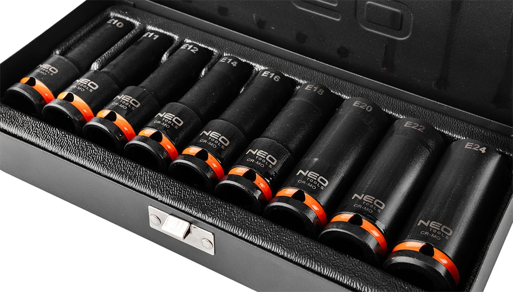 Neo Tools Smūginiai Torx antgaliai, 1/2", 9 dalių rinkinys, E10-E24, CrMo