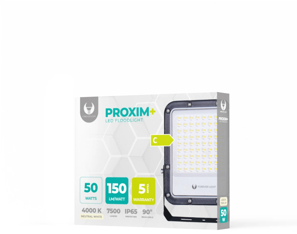 „Telforceone“ LED prožektorius PROXIM+ 50W 4000K 7500lm 230V IP65 „Forever Light“ 150lm/W 5 metų garantija