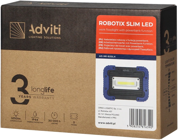 Orno Naświetlacz ROBOTIX SLIM 20W ličio jonų 4400mAh darbo žibintas su USB įkrovikliu