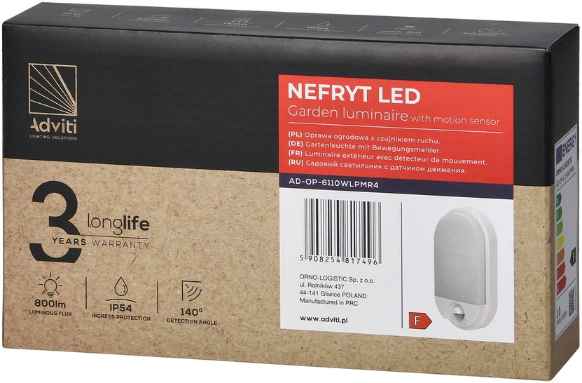 Sieninis šviestuvas Orno NEFRYT LED 10W, sodo šviestuvas su judesio jutikliu 140°, 800lm, IP54, 4000K, baltas