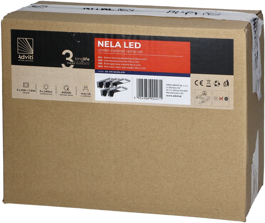 Orno NELA 5 LED šviestuvų komplektas po spintele, 4x2W+7.5W, 4000K, su USB, juodos spalvos