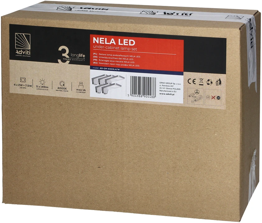 Orno NELA 5 LED šviestuvų komplektas po spintele, 4x2W+7.5W, 4000K, su USB, baltos spalvos