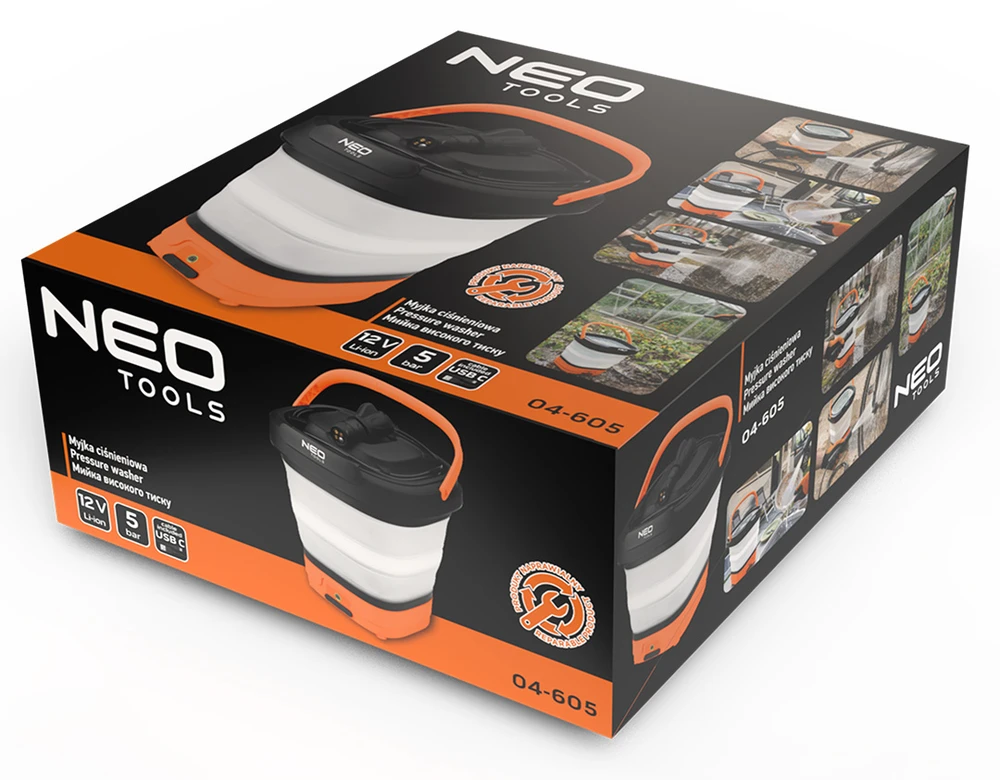 Neo Myjka 12 V, 5 barų slėginė plovimo mašina, sulankstomas kibiras, USB-C