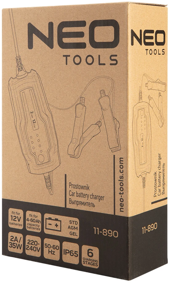 Neo Tools Automatinis įkroviklis 2A / 35W, 4-60Ah, rūgštiniams / AGM / GEL akumuliatoriams