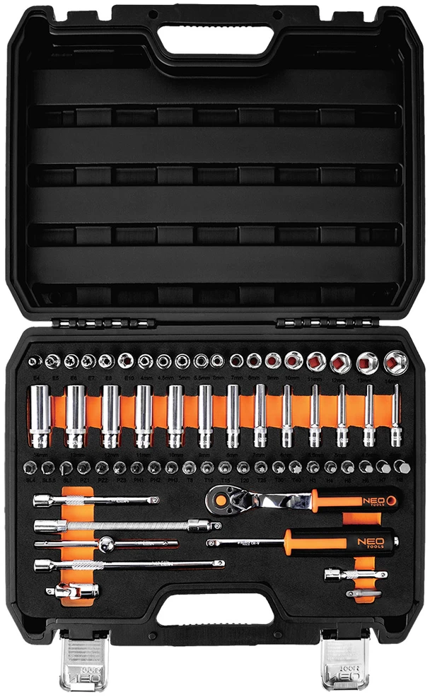 Neo Tools Klucze nasadowe 1/4", komplektas 63 vnt., pianka EVA