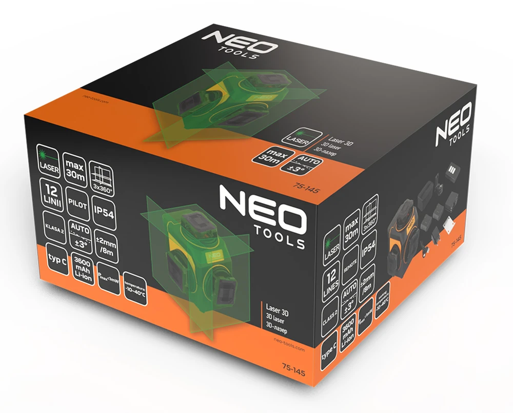 Neo Tools lazerinis 3D lazeris, 12 linijų, žalias, dėklas, magnetinis laikiklis