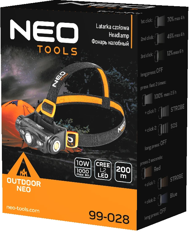 Neo Žibintuvėlis, Įkraunamas USB priekinis žibintas, 1000 lm, raudonas/mėlynas CREE LED + LED