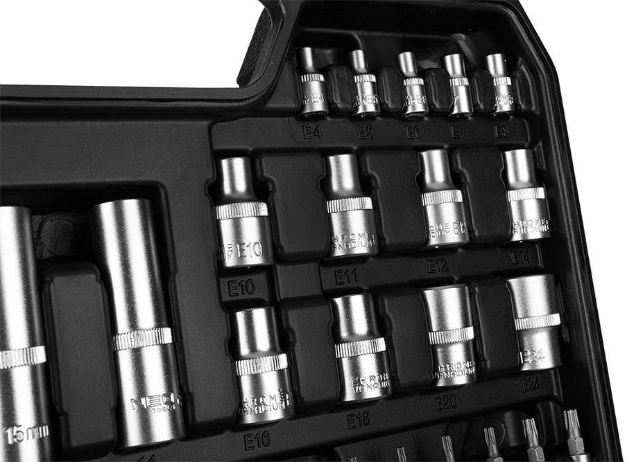 Neo 110 dalių raktų rinkinys 1/2", 1/4", satininis