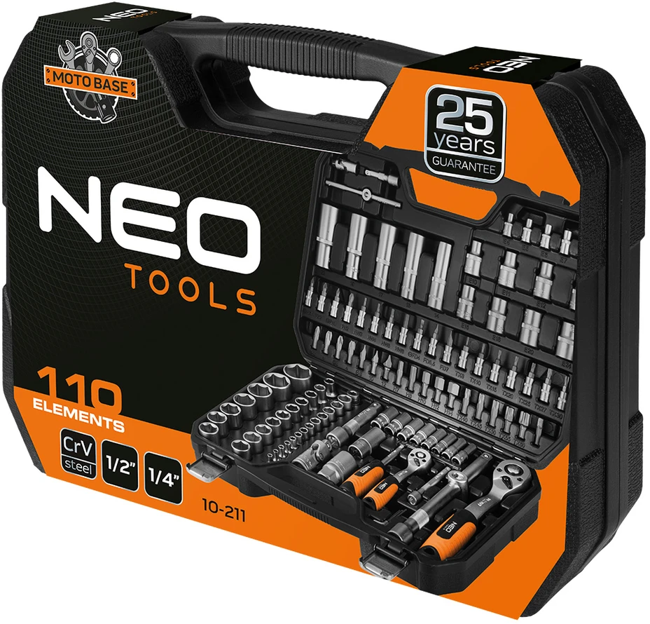 Neo 110 dalių raktų rinkinys 1/2", 1/4", satininis