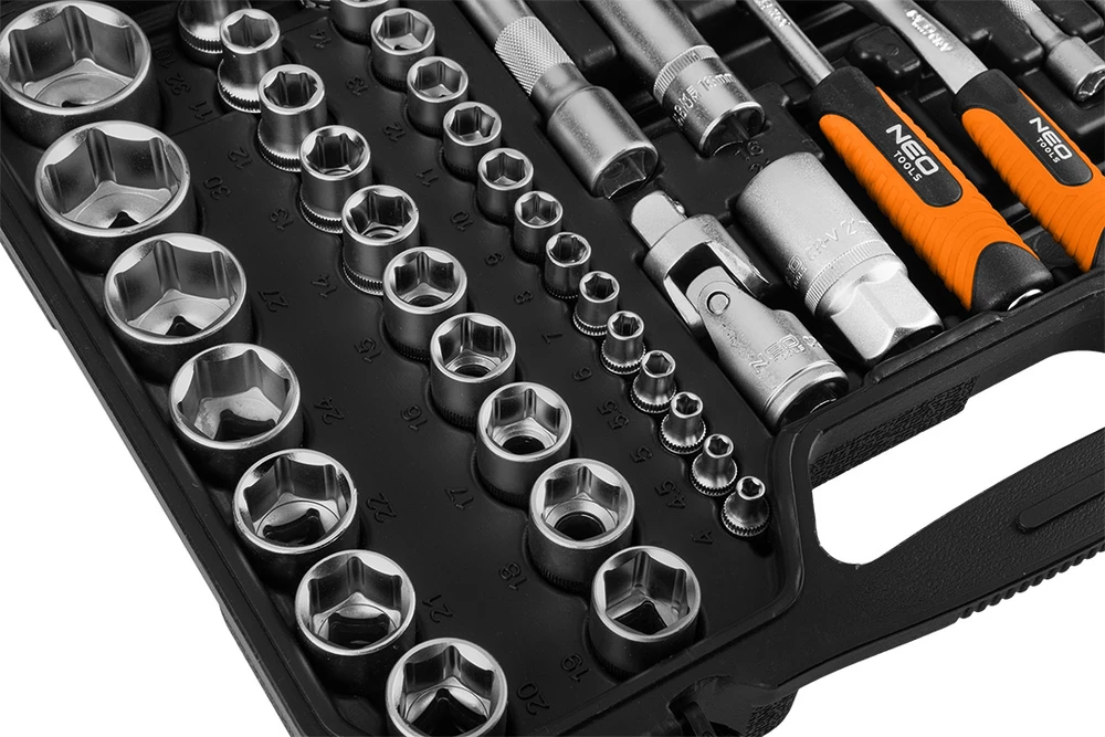 Neo 110 dalių raktų rinkinys 1/2", 1/4", satininis