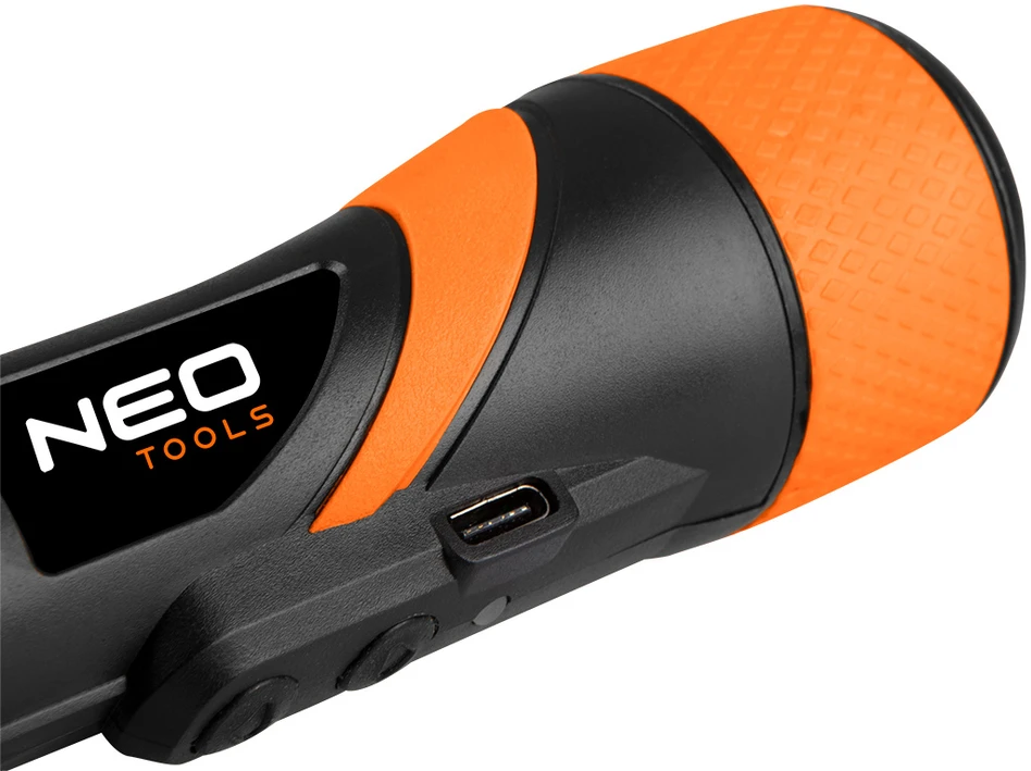 Neo Tools Wkrętak USB-C 3,6 V ličio jonų belaidis atsuktuvas, plastikinė dėžutė + priedai