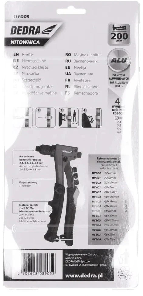 Dedra Kompaktinis kniedijimo irankis aliuminio kniedems ilgis 200mm