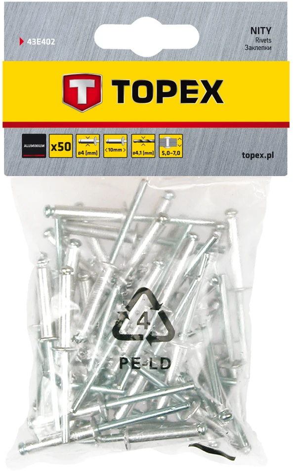 Nity Kniedės aliuminės Topex 4x12,5mm