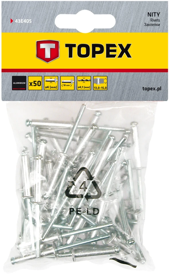 Nity Kniedės aliuminės Topex 4x12,5mm
