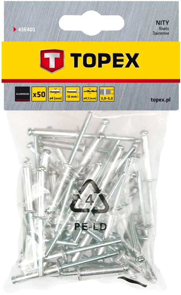 Topex Kniedės 4,0 x 8 mm aliuminio 50vnt.