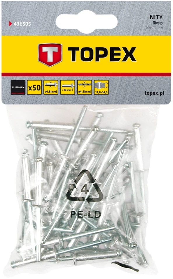 Topex Aliumininės kniedės 4,8 mm x 18 mm, 50 vnt.