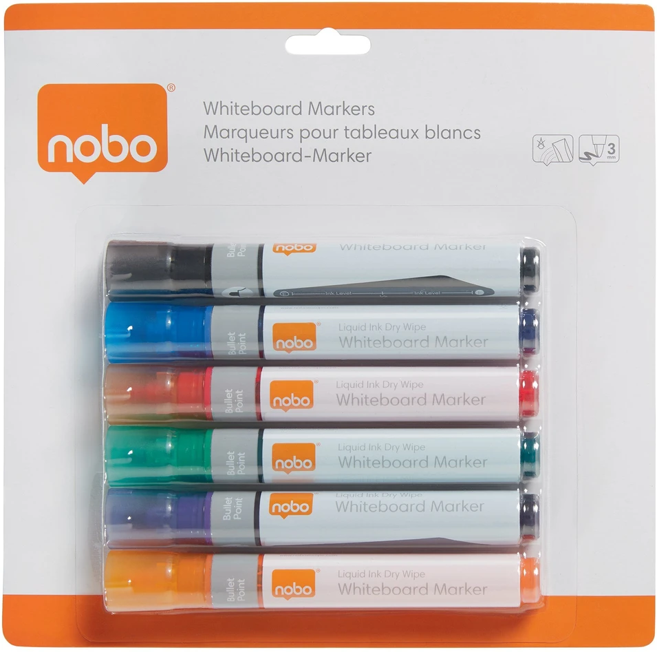 Baltos lentos žymekliai NOBO Liquid Ink, 6 vnt., įv. spalvų